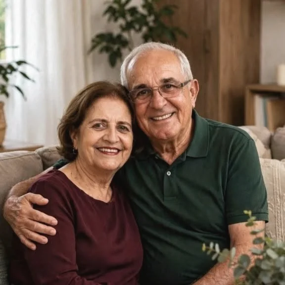 Pareja de adultos mayores sonriendo, sentados en el sofá de su casa